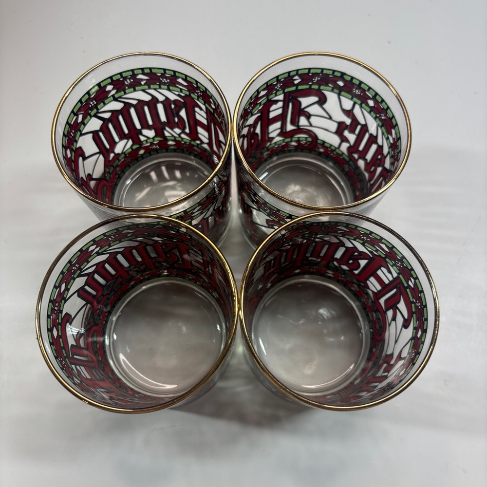 4 Vintage Houze Stained Glass Christmas Happy Holidays 4" Tumblers Glasses - Picture 8 of 10